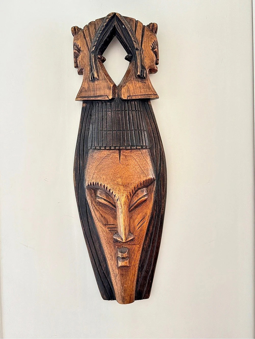 Hand-Carved Wooden Wall Mask Decor in Brown & Black 24”H 8”W